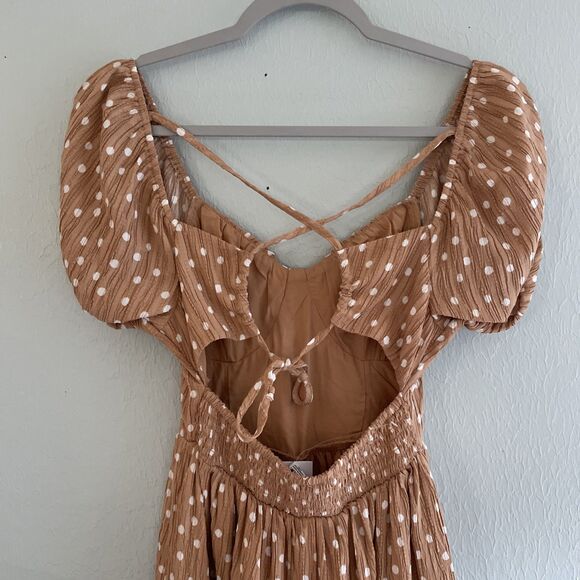 American Eagle Polka Dot Maxi Dress Tan Puff Sleeve NWT XS - Picture 9 of 11